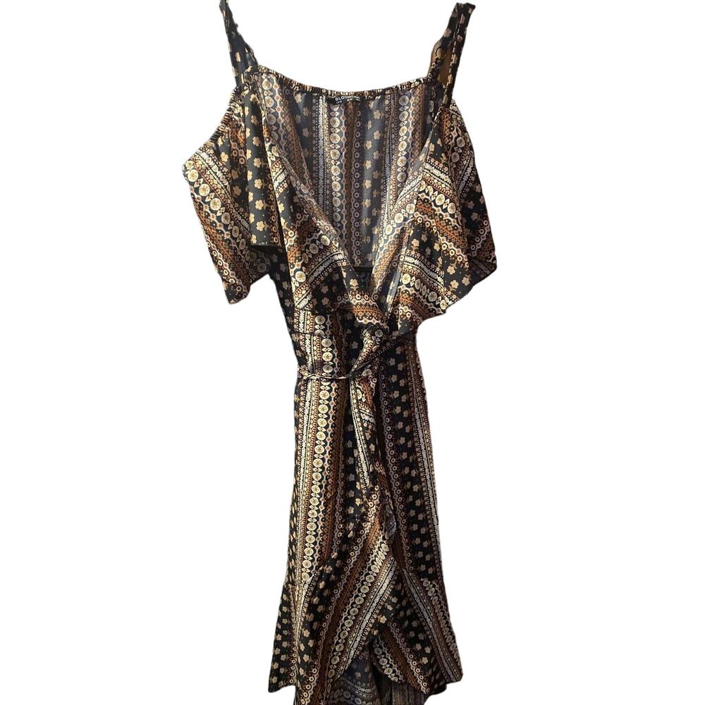 Bloomchic Bandana Print Wrap Shirred Empire Waist BROWN Dress 10